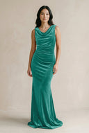 Cowl Neck Mermaid Velvet Bridesmaid Dress in Turquoise - KISS BRIDAL Bridesmaid Dresses