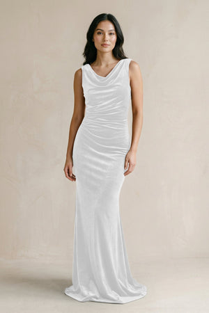 Cowl Neck Mermaid Velvet Bridesmaid Dress in White - KISS BRIDAL Bridesmaid Dresses