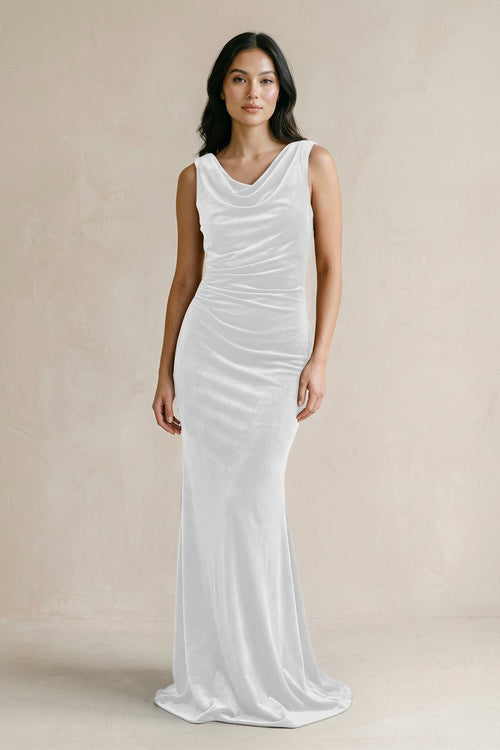 Cowl Neck Mermaid Velvet Bridesmaid Dress in White - KISS BRIDAL Bridesmaid Dresses