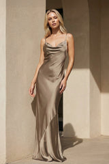 Cowl Neck Open Back Maxi Dress in Brown - KISS BRIDAL