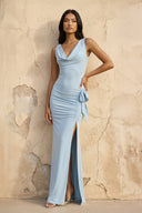 Cowl Neck Ruched Maxi Dress With Slit in Sky Blue - KISS BRIDAL