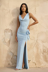 Cowl Neck Ruched Maxi Dress With Slit in Sky Blue - KISS BRIDAL