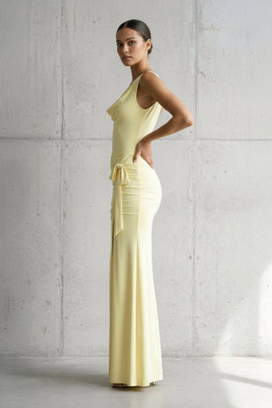 Cowl Neck Ruched Maxi Dress With Slit in Yellow - SHE IS ME