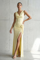 Cowl Neck Ruched Maxi Dress With Slit in Yellow - KISS BRIDAL