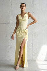 Cowl Neck Ruched Maxi Dress With Slit in Yellow - KISS BRIDAL