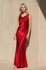 Cowl Neck Satin Maxi Dress in Red - KISS BRIDAL