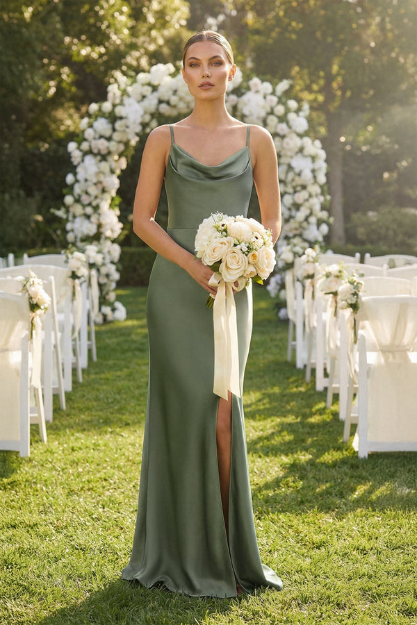Cowl Neck Satin Sheath Bridesmaid Dress With Slit in Thyme - KISS BRIDAL Bridesmaid Dresses