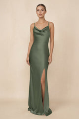 Cowl Neck Satin Sheath Bridesmaid Dress With Slit in Thyme - KISS BRIDAL Bridesmaid Dresses