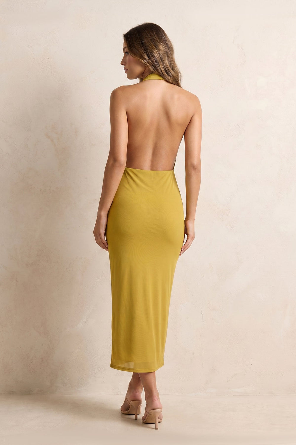 Cowl Neck Sheath Backless Midi Dress in Marigold– KISS BRIDAL Dresses