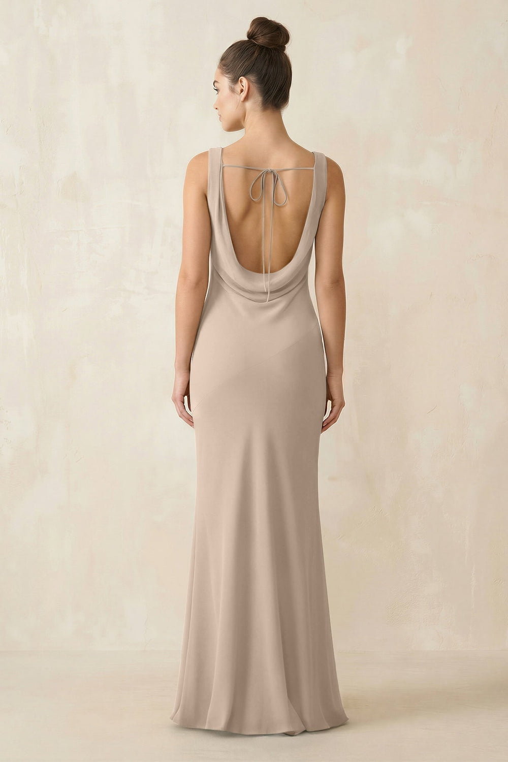 Cowl Neck Sheath Chiffon Bridesmaid Dress in Almond - KISS BRIDAL Bridesmaid Dresses