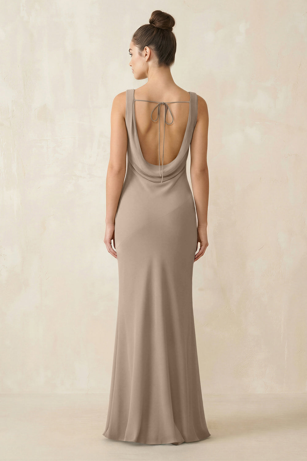 Cowl Neck Sheath Chiffon Bridesmaid Dress in Almond
