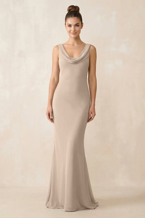 Cowl Neck Sheath Chiffon Bridesmaid Dress in Almond - KISS BRIDAL Bridesmaid Dresses