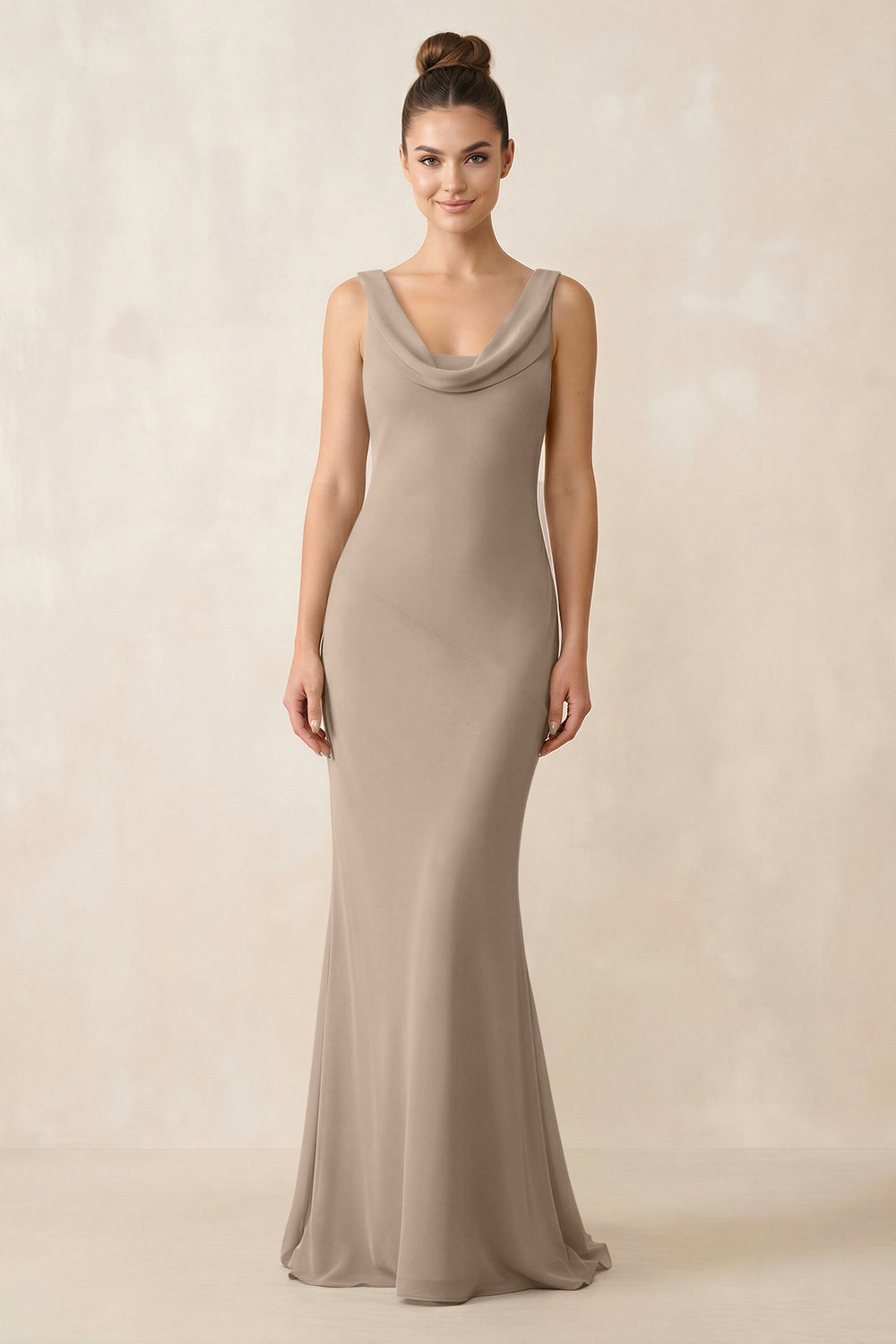Cowl Neck Sheath Chiffon Bridesmaid Dress in Almond