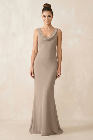 Cowl Neck Sheath Chiffon Bridesmaid Dress in Almond | KISSBRIDAL