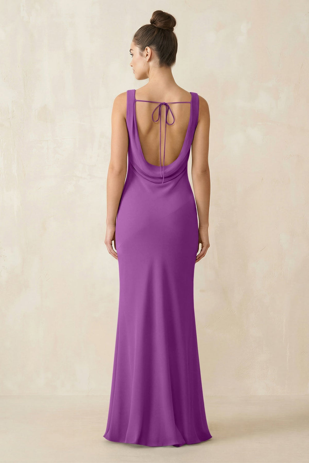 Cowl Neck Sheath Chiffon Bridesmaid Dress in Amethyst - KISS BRIDAL Bridesmaid Dresses