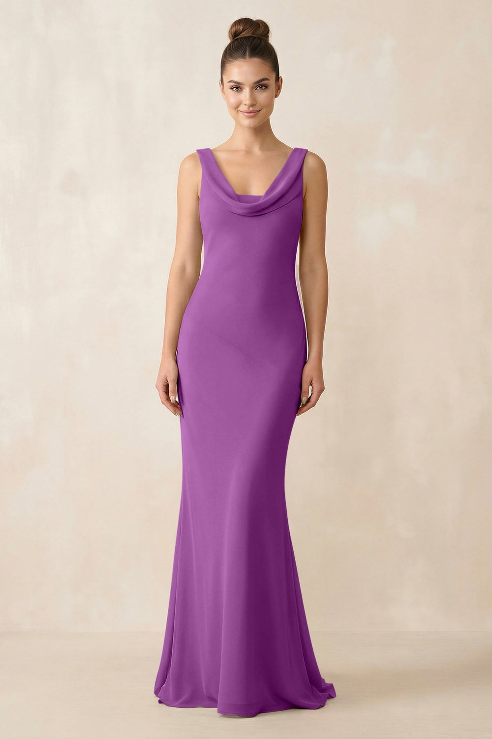 Cowl Neck Sheath Chiffon Bridesmaid Dress in Amethyst - KISS BRIDAL Bridesmaid Dresses