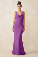 Cowl Neck Sheath Chiffon Bridesmaid Dress in Amethyst - KISS BRIDAL Bridesmaid Dresses