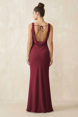 Cowl Neck Sheath Chiffon Bridesmaid Dress in Berry (2) | KISSBRIDAL