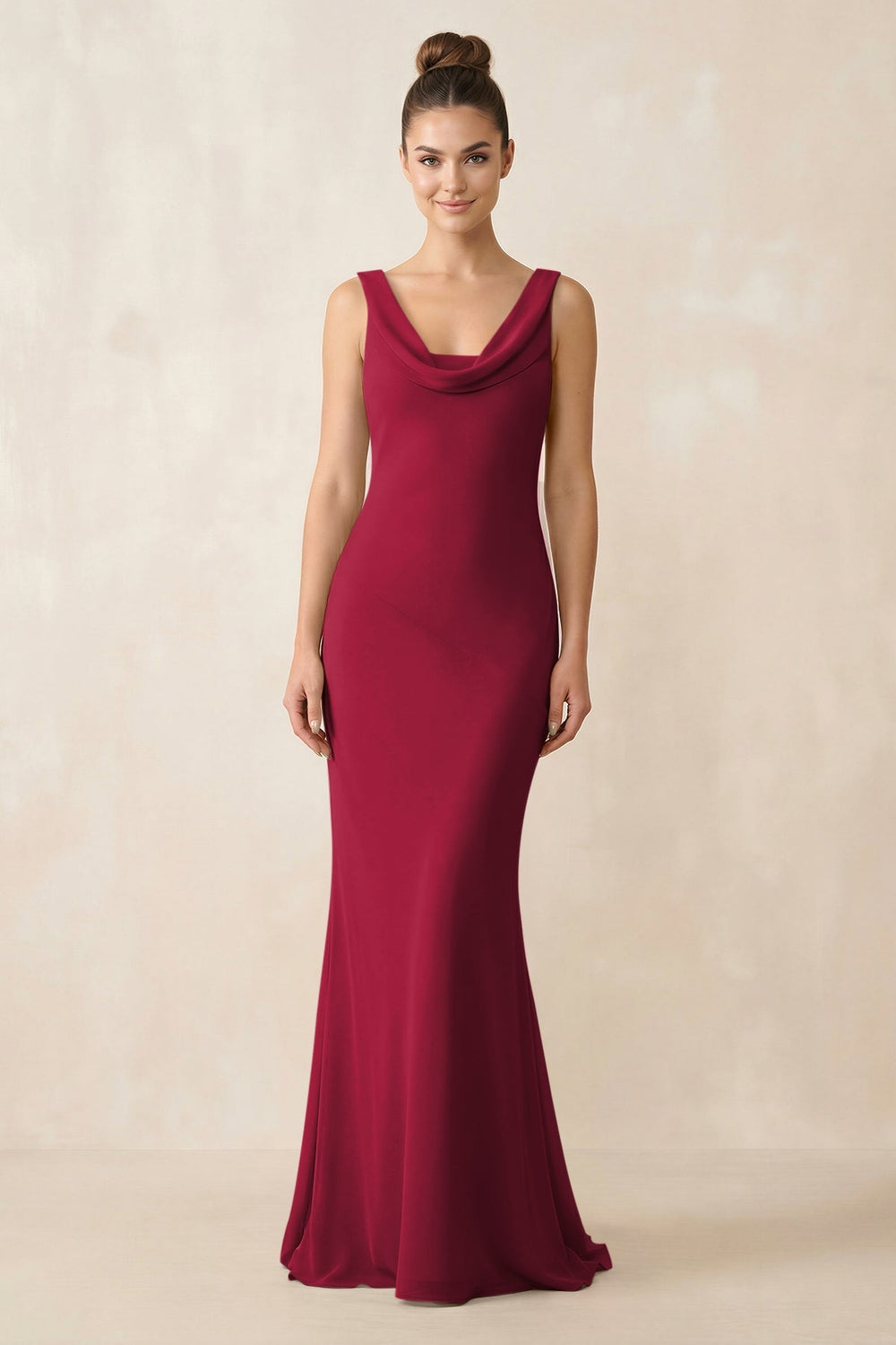 Cowl Neck Sheath Chiffon Bridesmaid Dress in Berry - KISS BRIDAL Bridesmaid Dresses
