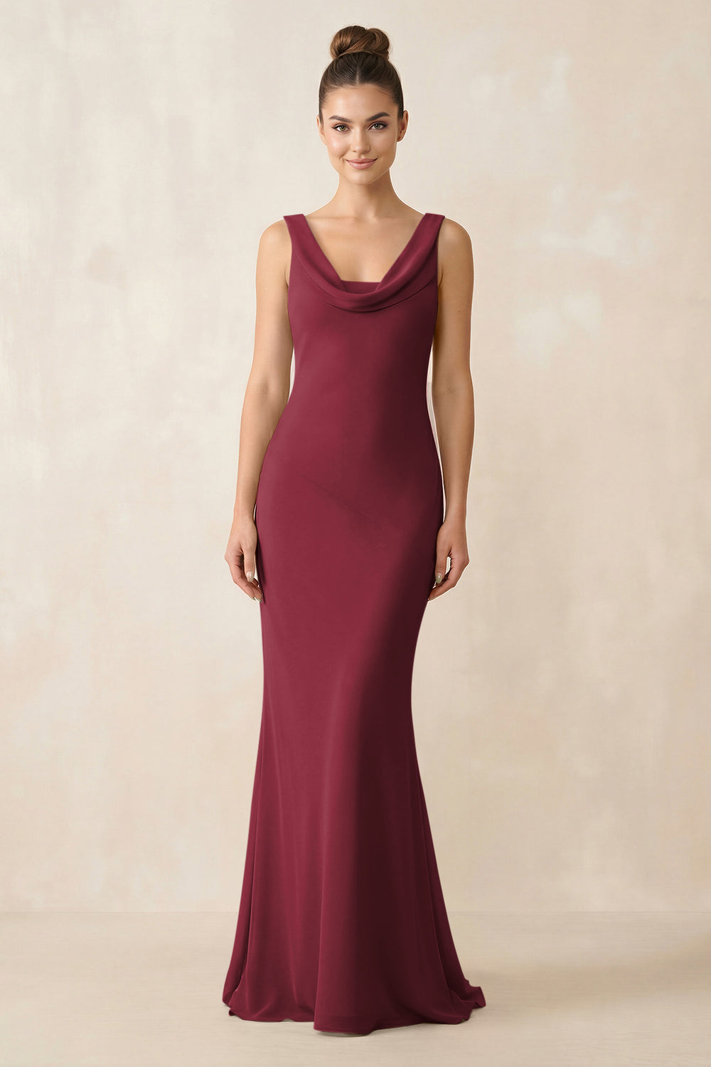 Cowl Neck Sheath Chiffon Bridesmaid Dress in Berry