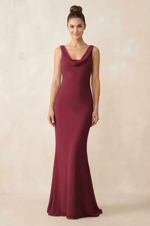 Cowl Neck Sheath Chiffon Bridesmaid Dress in Berry | KISSBRIDAL