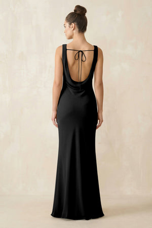 Cowl Neck Sheath Chiffon Bridesmaid Dress in Black - KISS BRIDAL Bridesmaid Dresses