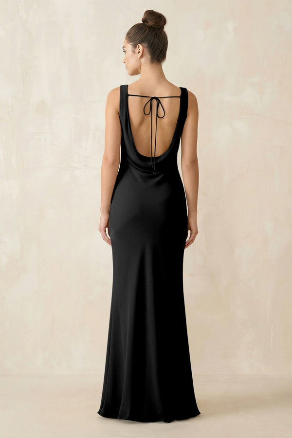 Cowl Neck Sheath Chiffon Bridesmaid Dress in Black - KISS BRIDAL Bridesmaid Dresses
