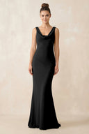 Cowl Neck Sheath Chiffon Bridesmaid Dress in Black - KISS BRIDAL Bridesmaid Dresses