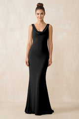 Cowl Neck Sheath Chiffon Bridesmaid Dress in Black - KISS BRIDAL Bridesmaid Dresses