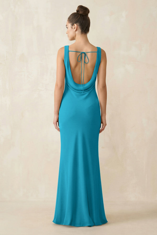 Cowl Neck Sheath Chiffon Bridesmaid Dress in Blue Jay - KISS BRIDAL Bridesmaid Dresses