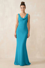 Cowl Neck Sheath Chiffon Bridesmaid Dress in Blue Jay - KISS BRIDAL Bridesmaid Dresses