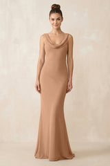 Cowl Neck Sheath Chiffon Bridesmaid Dress in Bronzer - KISS BRIDAL Bridesmaid Dresses