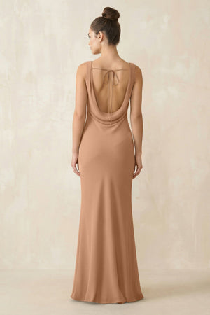 Cowl Neck Sheath Chiffon Bridesmaid Dress in Bronzer - KISS BRIDAL Bridesmaid Dresses
