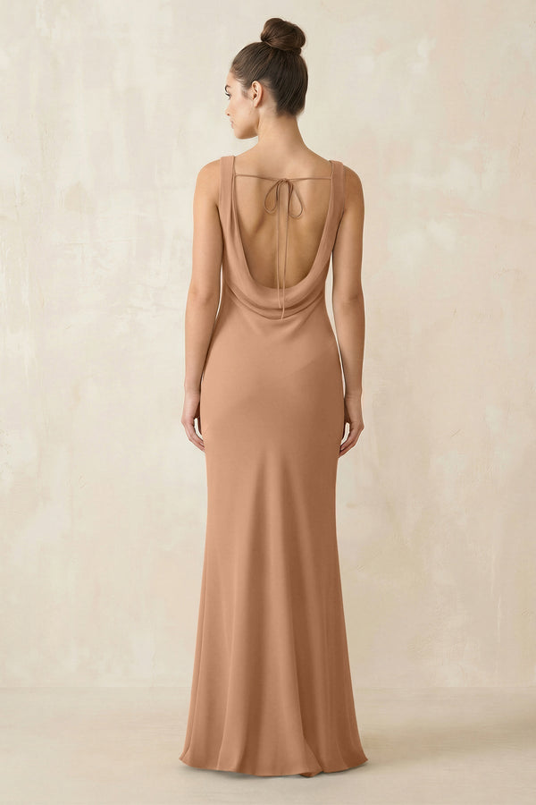 Cowl Neck Sheath Chiffon Bridesmaid Dress in Bronzer - KISS BRIDAL Bridesmaid Dresses