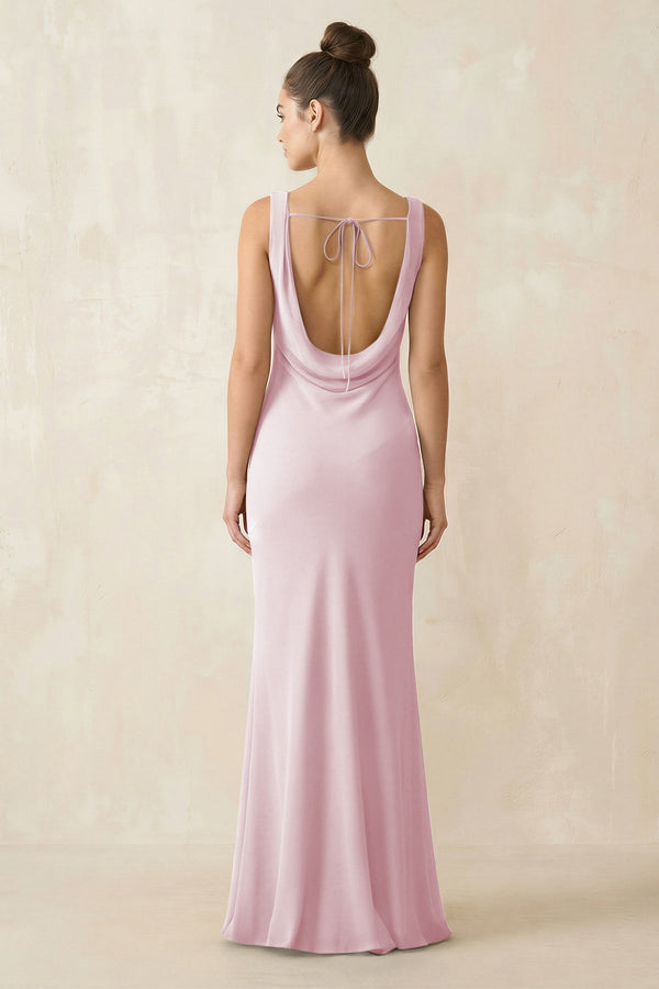 Cowl Neck Sheath Chiffon Bridesmaid Dress in Candy Pink - KISS BRIDAL Bridesmaid Dresses