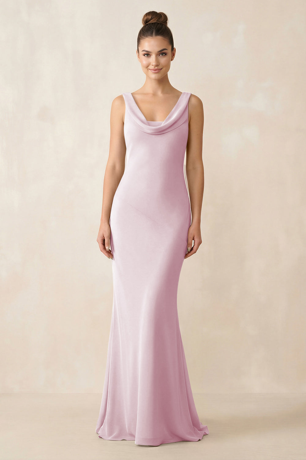 Cowl Neck Sheath Chiffon Bridesmaid Dress in Candy Pink