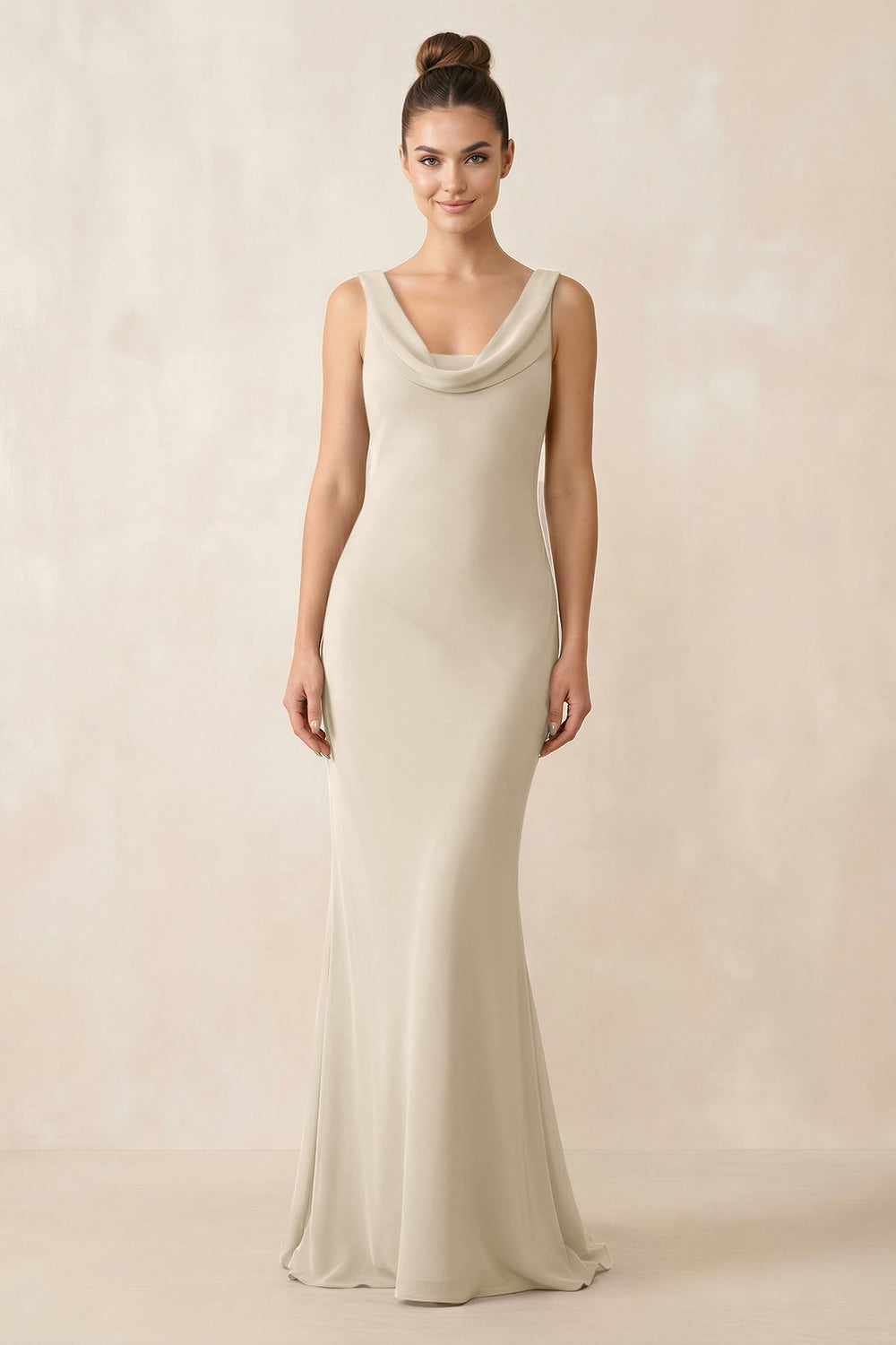 Cowl Neck Sheath Chiffon Bridesmaid Dress in Champagne - KISS BRIDAL Bridesmaid Dresses