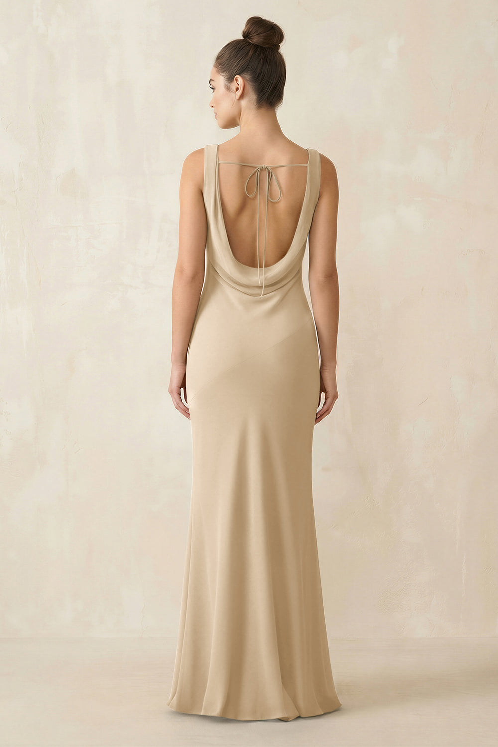 Cowl Neck Sheath Chiffon Bridesmaid Dress in Champagne
