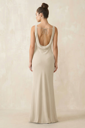 Cowl Neck Sheath Chiffon Bridesmaid Dress in Champagne - KISS BRIDAL Bridesmaid Dresses
