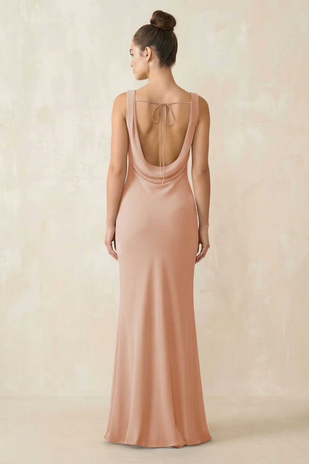 Cowl Neck Sheath Chiffon Bridesmaid Dress in Champagne Rose - KISS BRIDAL Bridesmaid Dresses