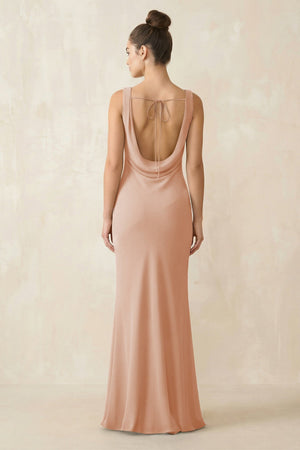 Cowl Neck Sheath Chiffon Bridesmaid Dress in Champagne Rose - KISS BRIDAL Bridesmaid Dresses