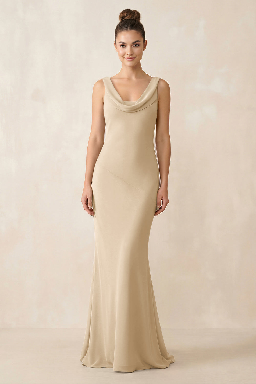 Cowl Neck Sheath Chiffon Bridesmaid Dress in Champagne