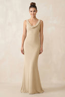 Cowl Neck Sheath Chiffon Bridesmaid Dress in Champagne | KISSBRIDAL