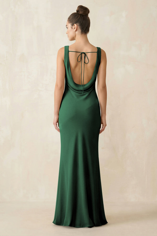 Cowl Neck Sheath Chiffon Bridesmaid Dress in Dark Green (2) | KISSBRIDAL