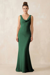Cowl Neck Sheath Chiffon Bridesmaid Dress in Dark Green | KISSBRIDAL