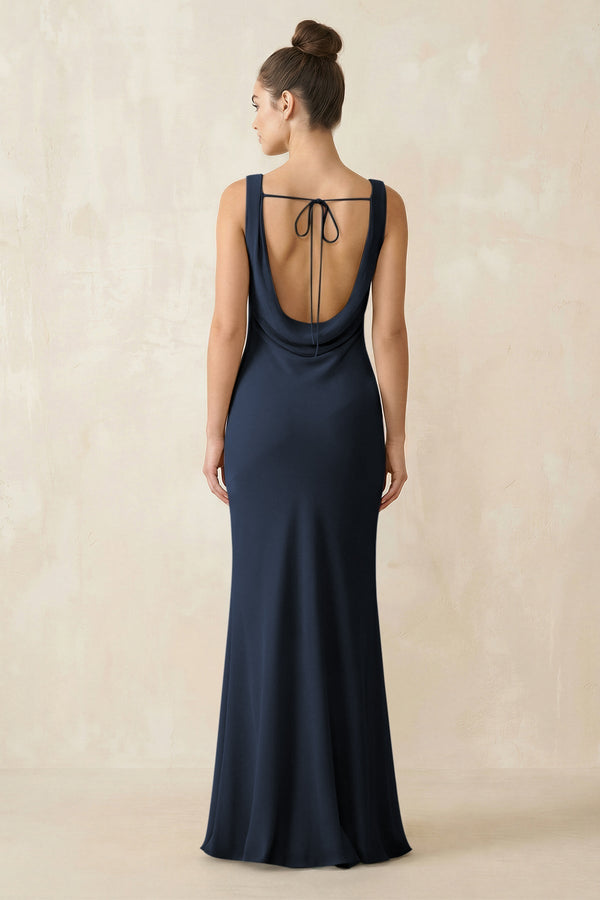 Cowl Neck Sheath Chiffon Bridesmaid Dress in Dark Navy - KISS BRIDAL Bridesmaid Dresses