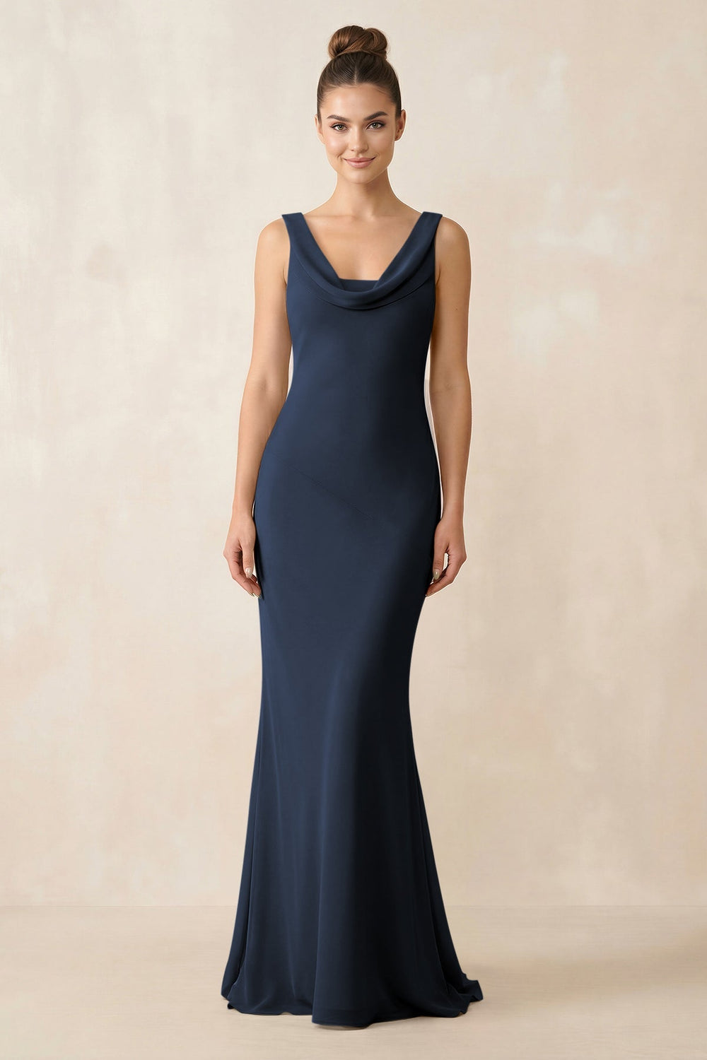 Cowl Neck Sheath Chiffon Bridesmaid Dress in Dark Navy - KISS BRIDAL Bridesmaid Dresses