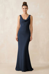 Cowl Neck Sheath Chiffon Bridesmaid Dress in Dark Navy - KISS BRIDAL Bridesmaid Dresses