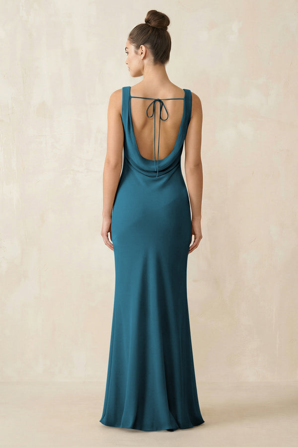Cowl Neck Sheath Chiffon Bridesmaid Dress in Dark Teal - KISS BRIDAL Bridesmaid Dresses
