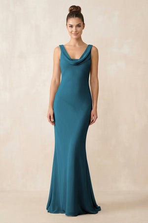 Cowl Neck Sheath Chiffon Bridesmaid Dress in Dark Teal - KISS BRIDAL Bridesmaid Dresses